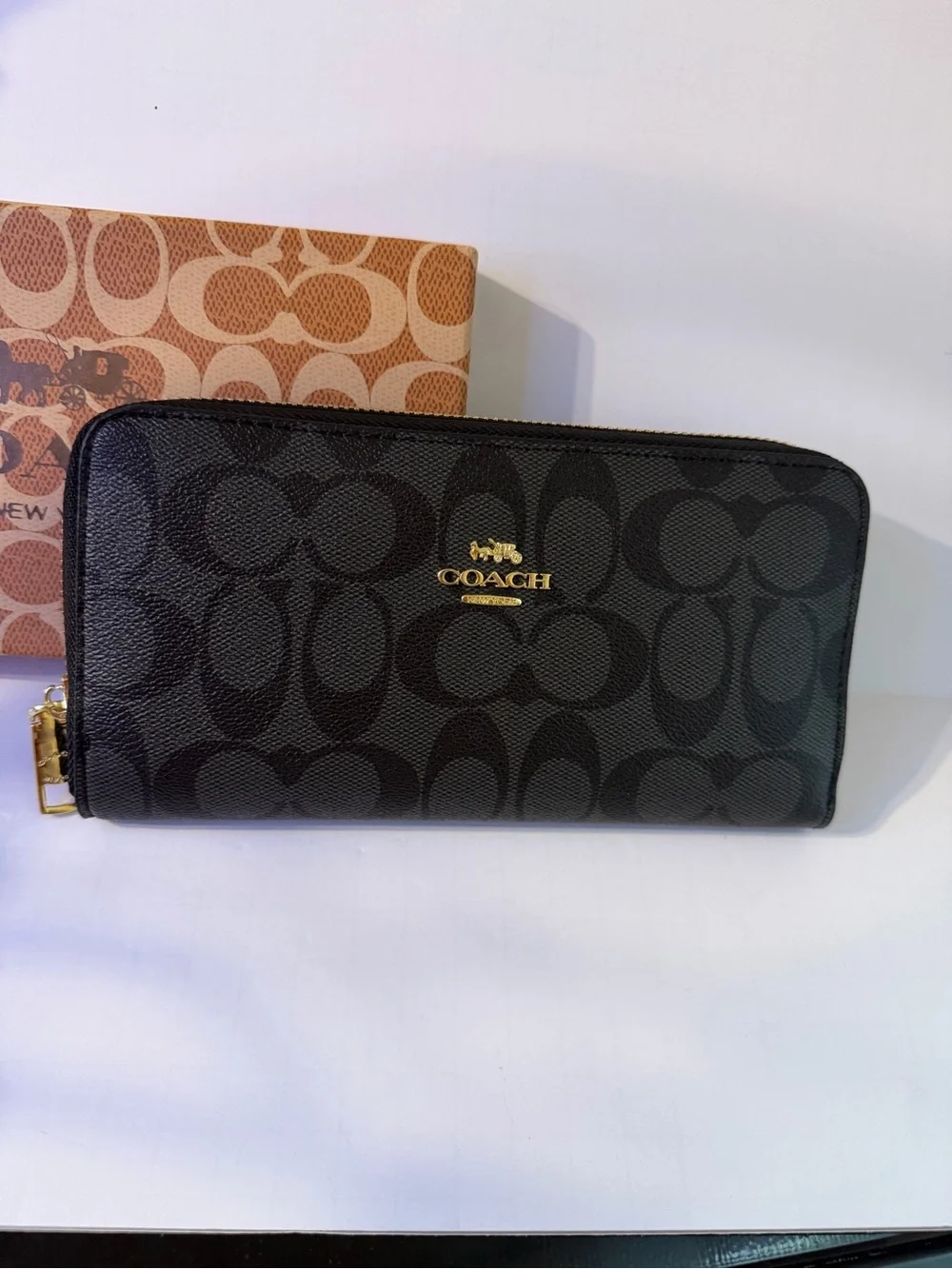 Coach Black Signature Zip Around Wallet with Gold Logo